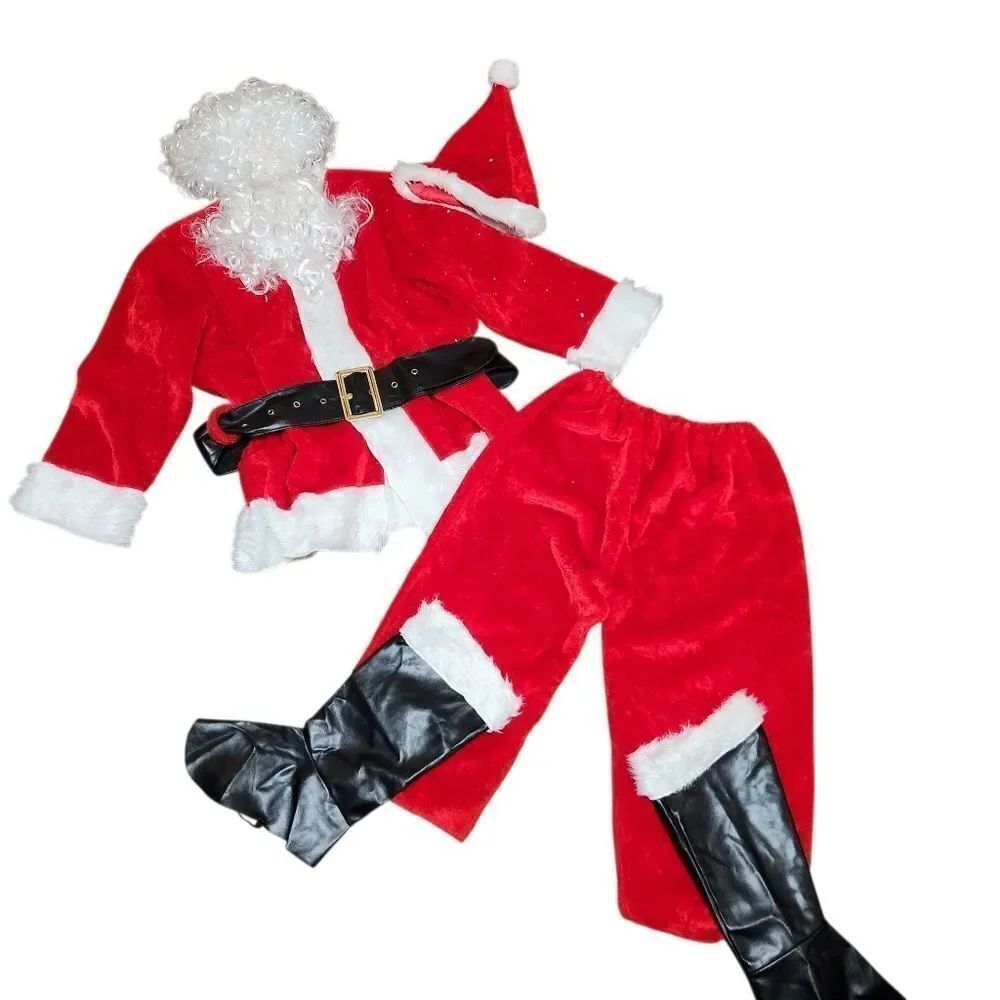 Vintage Santa Suit Jacket Pants Beard Boot Covers Belt Beard Wig Hat Complete